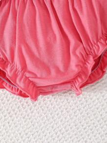 SHEIN Baby Girl Cute Strawberry Embroidered Pink Textured Gingham Sleeveless Top And Pink Ruffle Hem Shorts Set, Suitable For Spring/Summer Outdoor Or Everyday Wear