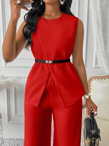 Lyxana Casual Fashion Daily Versatile Round Neck Sleeveless Asymmetric Hem Top And Wide Leg Pants With Waist Belt, 2 Pieces Set For Women, Autumn/Winter For New Year Clothes