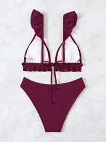SHEIN Swim 女士度假海滩性感纯色比基尼套装 - 酒紅色 - 查看 6