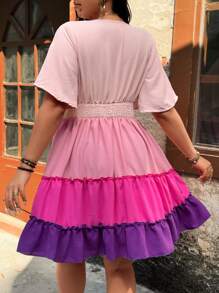 Breezaya Spring/Summer New Plus Size Women Elegant Colorblock V-Neck Short Sleeve A-Line Dress