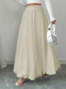 Gloray Longue jupe satinée à haute taille et ligne A avec fleur blanche en bouton - Nude - Voir 1