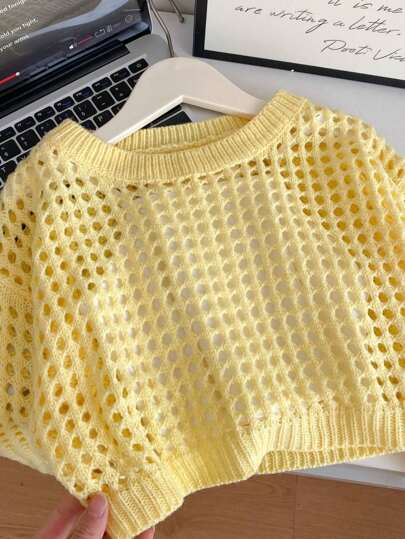 SHEIN Tween Girl Solid Color Hollow Out Flared Bell Sleeve Knit Sweater