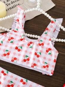 Young Girl Cherry Print Swimwear Set With Ruffles - Multicolor - View 8