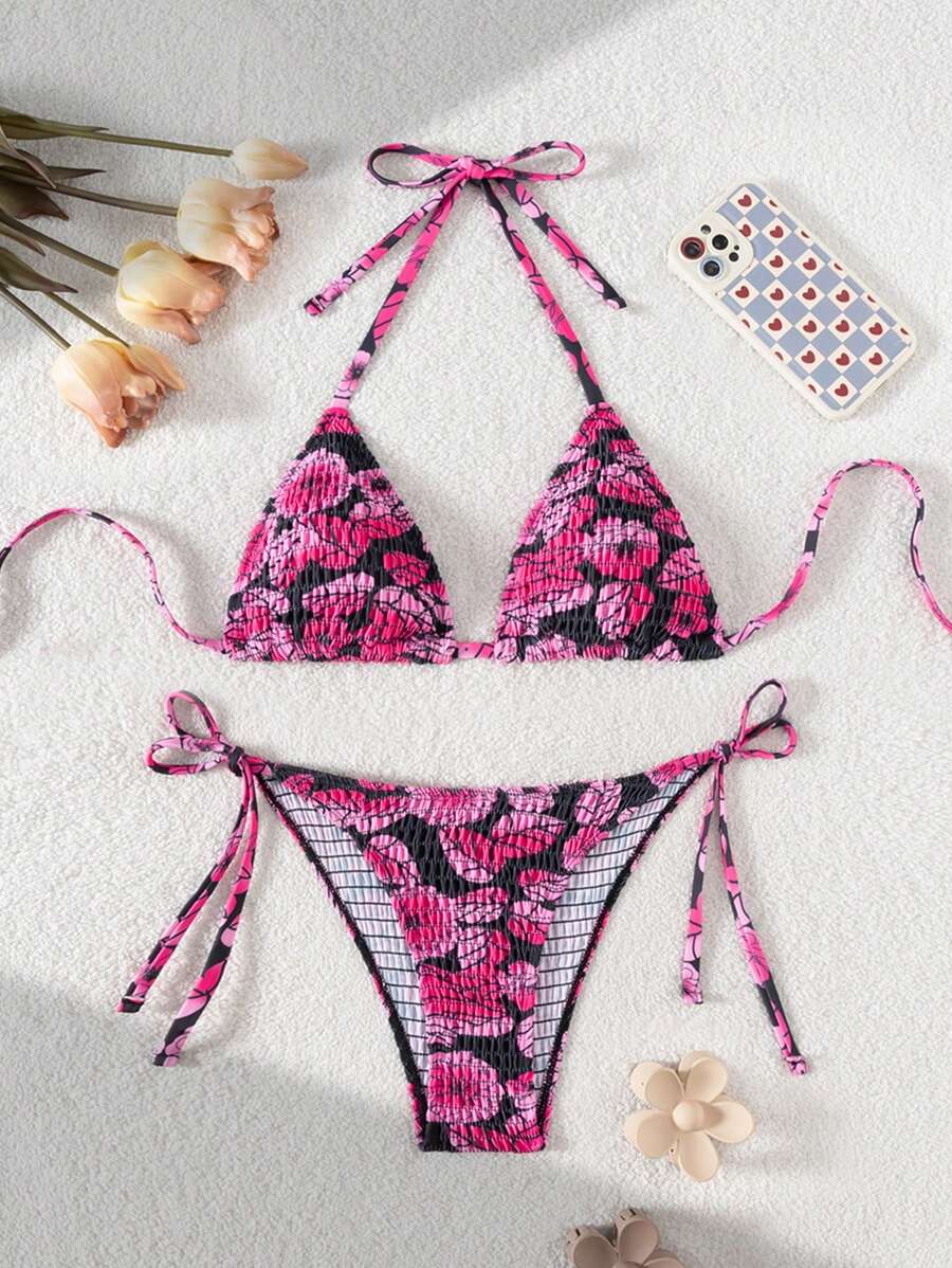 SHEIN Swim 随机印花比基尼泳装，三角杯和丁字裤，女士夏季海滩服装 - 彩色 - 查看 1