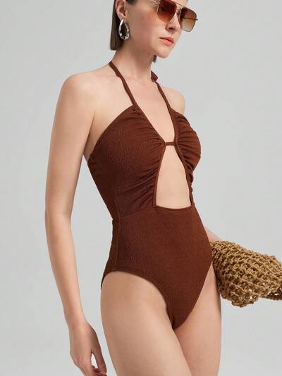2025 New Women Chocolate Color Spring/Vacation Simple Backless Halter One-Piece Swimsuit