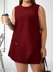 SHEIN Essnce Plus Size Sleeveless Round Neck Shirt With Pocket Shorts 2pcs Set