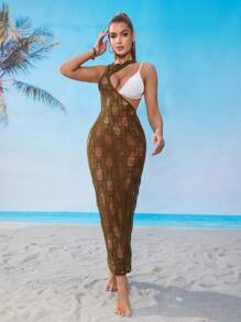 SHEIN Swim 女士性感镂空修身针织连衣裙/罩衫，适合音乐节穿着 - 棕色 - 查看 3