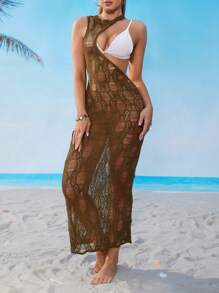 SHEIN Swim 女士性感镂空修身针织连衣裙/罩衫，适合音乐节穿着 - 棕色 - 查看 4