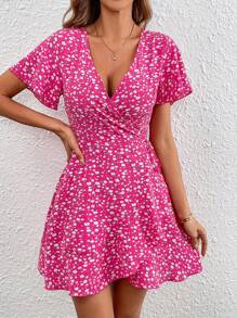 SHEIN Clasi 1 件女士短袖 V 领休闲连衣裙，适合夏季 - 玫紅色 - 查看 5