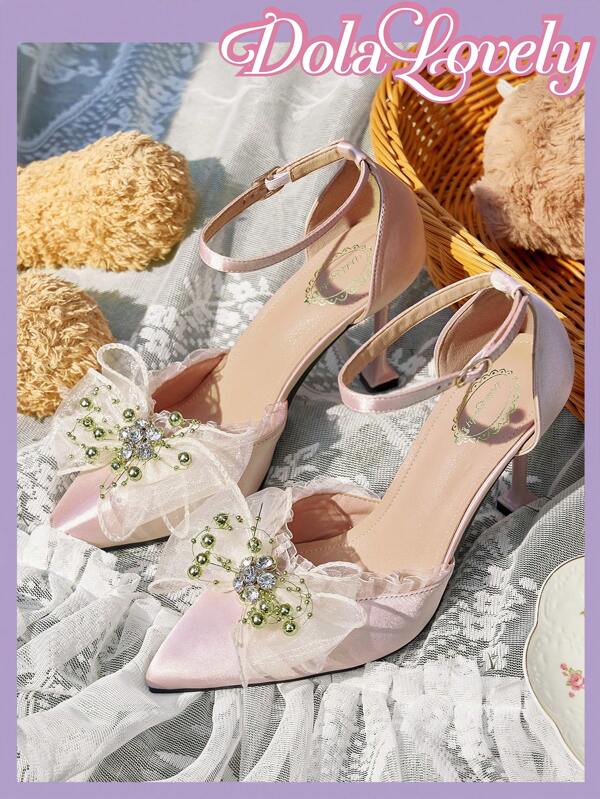Dola Lovely Pointed Toe Chunky Heel Elegant Wedding Pearl Chain Bowknot Decor Ladies High Heels, Graceful Aesthetic Formal Party Outfit