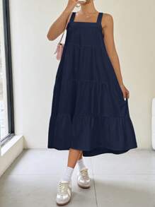 SHEIN EZwear Solid Color Minimalist Daily Long A-Line Sleeveless Slip Dress, Spring/Summer - Navy Blue - View 4