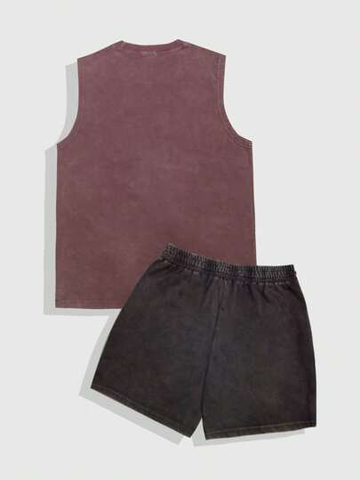 Grunge Punk Men's Punk Slogan & Figure Print Crew Neck Vest And Shorts Casual Set