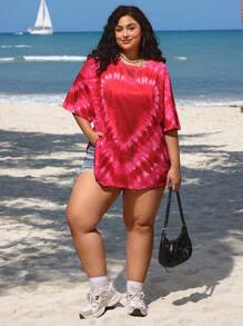 SHEIN CURVE+ Camiseta holgada con estampado de teñido anudado con forma de corazón para mujeres talla grande - Rojo - Ver 4