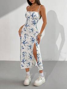 SHEIN EZwear Đầm midi hở vai in họa tiết hoa ngày lễ cho nữ - trắng - Xem 4