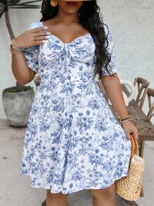 SHEIN VCAY Plus Size Vacation Romantic Country Style Blue & White Rabbit & Plant Print Sweetheart Neck Short Sleeve Mini Dress, Easter Dress Spring Outfits For Women,Summer Outfits For Women,Beach Outfits For Woman,Brunch Outfits For Women, Airport Outfit For Women  Easter Outfit Women Easter Dress Women Easter Easter Dress,Beach Dress Sundress,Holiday Outfits Boho
