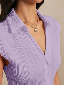 Poéselle Summer Simple Textured Button Front T-Shirt - Mauve Purple - View 3