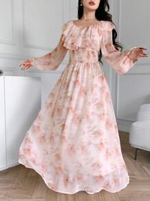 Modelyn Women's Floral Print Patchwork Ruffled Lantern Sleeve Elegant Arabian Dress