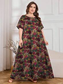 Lacomfia Floral Print Casual Loose Fit Mid-Length Dress, Suitable For Spring/Summer, Plus Size - Multicolor - View 3