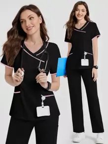 TaskEZ Women's V-Neck Pocket Short Sleeve Scrub Top For Women Women Scrub Sets Plus Size Scrub Sets Professional Clothes Women Sets