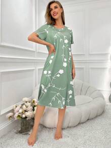 SHEIN White Floral Pattern Women's Short Sleeve Midi Nightgown, Moo Moo - Green - View 6