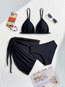 SHEIN Set de 3 piezas Conjunto de bikini azul real simple y vestido de playa de moda para adolescentes - Negro - Ver 1