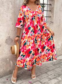 SHEIN Clasi Plus Size Women's Colorful Floral Print Beach Dress - Multicolor - View 7