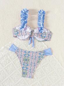 Swim Mod Women Beachwear Summer Outfits For Women, Random Printed Ruched Shoulder Strap Bowknot Padded 2 Pieces Bikini Set, Festival Boho - Multicolor - View 5