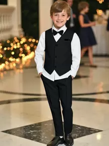 SHEIN Set de 2 piezas de traje elegante para niños preadolescentes que incluye chaleco y pantalones, atuendo formal adecuado para fiestas de cumpleaños, bodas, aniversarios, bautizos y ocasiones formales