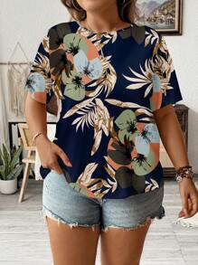 SHEIN LUNE Maglietta casual semplice vintage a fiori con scollo rotondo, vestibilità ampia, manica corta, adatta per l'estate, taglie comode