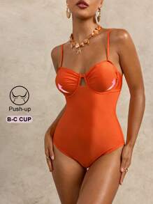 SHEIN Swim 1 件吊带聚拢连体泳衣 - 橘色 - 查看 7