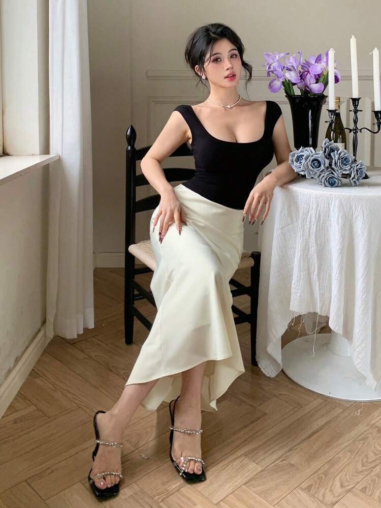 Women's Color Block Square Neck Slim Fit Elegant Mid-Length Dress Elegant Sundress Maxi Dress
