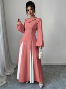 Modelyn 女士优雅双色拼接泡泡珠镂空腰 A 字形连衣裙超长女士装长款晚礼服 - 紅色 - 查看 6