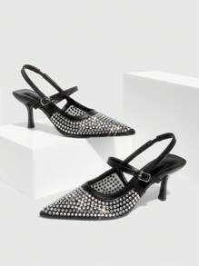 CUCCOO SZL Women Black Metallic PU Pointed Toe Fashion Sexy Mesh Rhinestone T-Strap High Heel Pumps For Party, Nightclub - Black - View 6