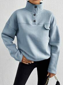 RueChic Cotton Half Button Flap Detail Drop Shoulder Sweatshirt - Baby Blue - View 3