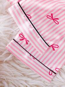 Set di top e pantaloni casual lunghi a maniche lunghe da ragazza con colletto alla coreana, stampa a cuori e fiocchi, aperto davanti, comodo, abbigliamento da relax