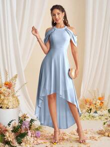 SHEIN Belle فستان وصيفة العروس ذو لون أحادي راقي مع فتحة على الكتف وهيم غير متماثل - أزرق فاتح اللون - مشاهدة 5