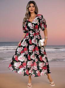 SHEIN Clasi Vestido estampado con rosas francesas para mujer, diseño evasé, ajuste ceñido, vestido largo elegante para primavera y verano - Negro - Ver 5
