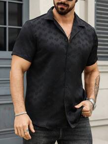 Manfinity Homme 男士纯色短袖衬衫，简约时尚，适合夏季 - 黑色 - 查看 4