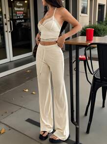 SHEIN Unity 蕾丝拼布吊带背心上衣和低腰双腰带休闲裤套装