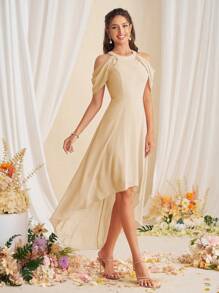 SHEIN Belle 女士纯色露肩不对称下摆优雅伴娘礼服 - 杏色 - 查看 6