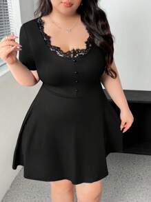 Flirla Simple Solid Color Lace Short Sleeve Mini Dress, Fashionable For Summer - Black - View 7