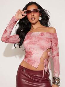 SHEIN Unity Women Pink Floral Y2k Off The Shoulder Long Sleeve Asymmetrical Top,Elegant Autumn Party Night Music Festival Vacation Brunch Beach Christmas NYE - Multicolor - View 1