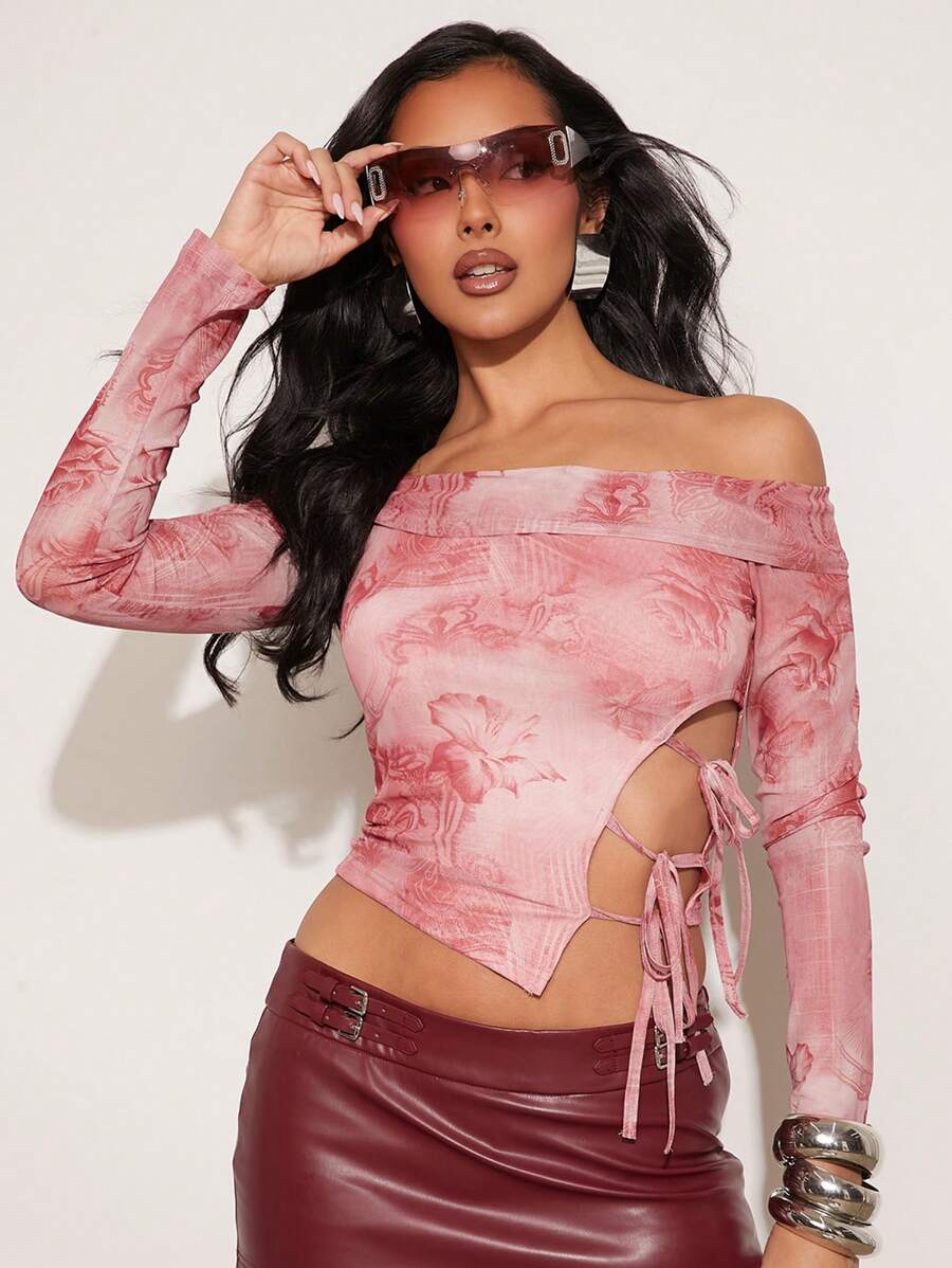 SHEIN Unity Women Pink Floral Y2k Off The Shoulder Long Sleeve Asymmetrical Top,Elegant Autumn Party Night Music Festival Vacation Brunch Beach Christmas NYE - Multicolor - View 1