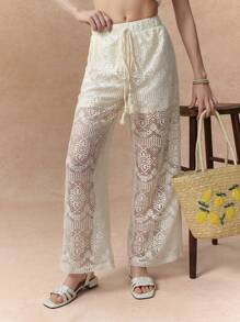 Écloséra Elegante Spitze Hohlkörper Schnürrung Dekoration gerade Bein weite Bein Hose für Frühling/Sommer