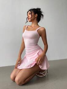 Calvaya Pink Spaghetti Strap Waist Ruffle Short Sports Dress For Women