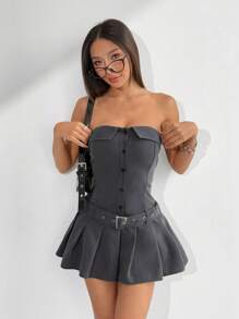 SHEIN EZwear 女士纯色露肩简约连衣裙，适合夏季 - 灰色 - 查看 4