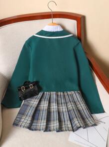 2pcs/Set Girls School Style Blazer Jacket And Pleated Plaid Mini Skirt Suit, Suitable For Spring And Autumn - Dark Green - View 2