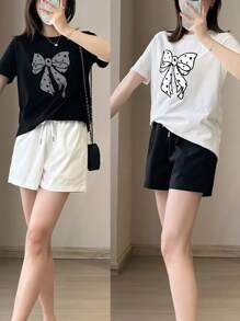 2pcs Women Butterfly Print Black & White T-Shirts Set