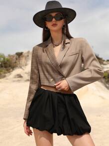 Aveloria Affinna Chaqueta de blazer de manga larga para mujer, estilo vintage lujoso y minimalista de vanguardia, con una combinación de cuadros marrones y unicolor, con hombreras recortadas, de alta gama, del año 2025
