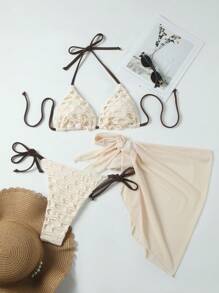 Damen 3-teiliges hauchdünnes Neckholder Bikini-Set & Cover-Up-Rock, lässiger Urlaubsoutfit für Strand, Pool, Party, Resort, Frühling/Sommer